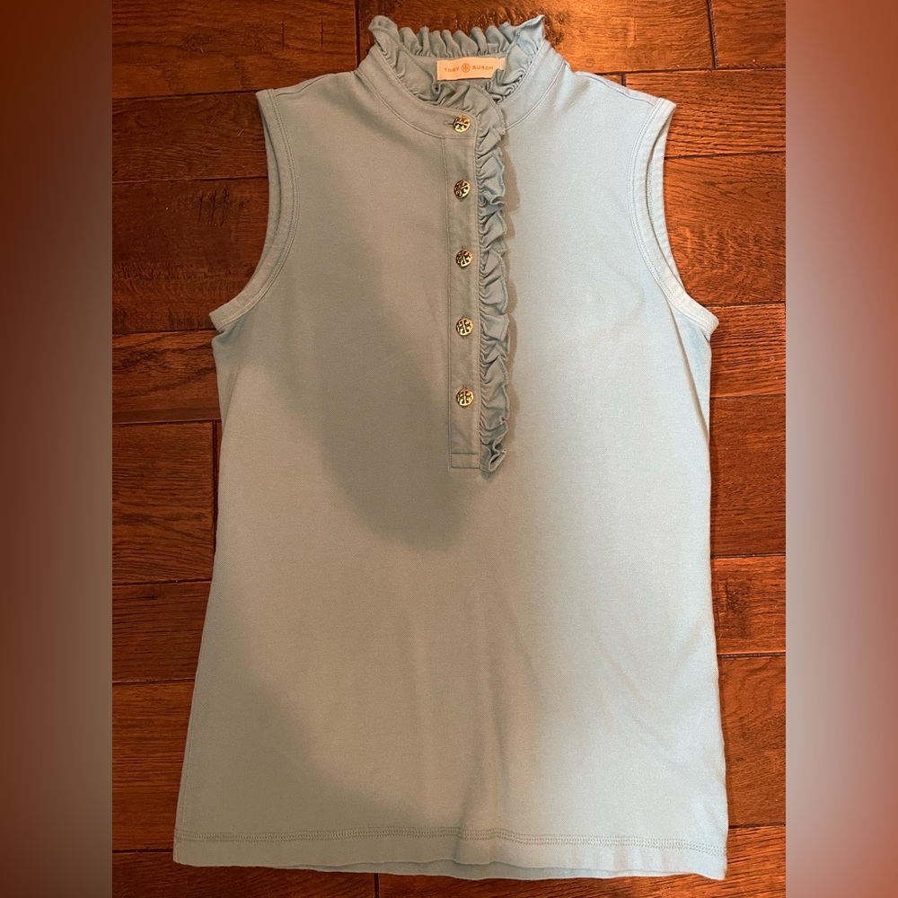 Tory Burch blue/green ruffled top.  Size Small.